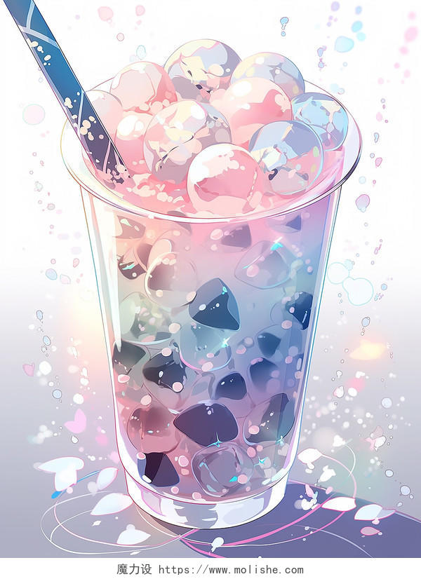 夏季彩色水果饮料奶茶卡通二次元插画饮料下午茶梦幻场景